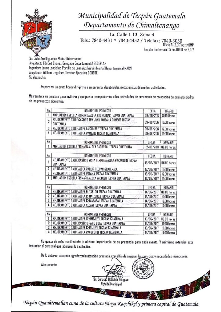 MUNICIPIO DE TECPAN GUATEMALA PROGRAMA PRIMERAS PIEDRAS PROYECTOS 2017
